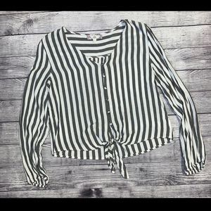 Striped Tie Front Long Sleeve Black & White  Top | Size Large